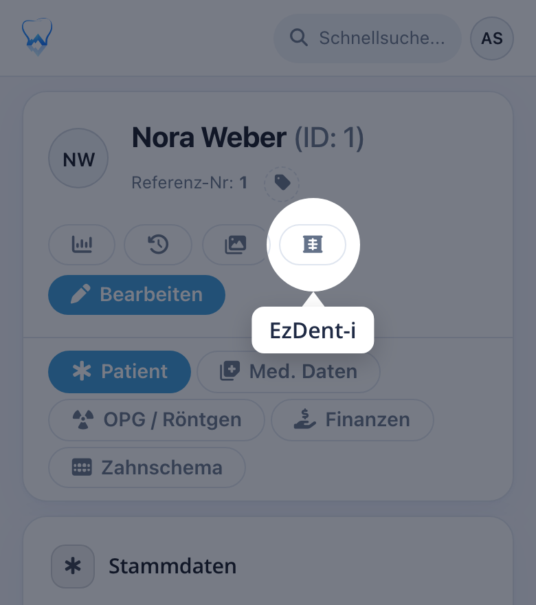 Kopfbereich der Patientenseite in alpinDent mit der Schaltfläche EzDent-i neben den Schaltflächen Galerie und Bearbeiten