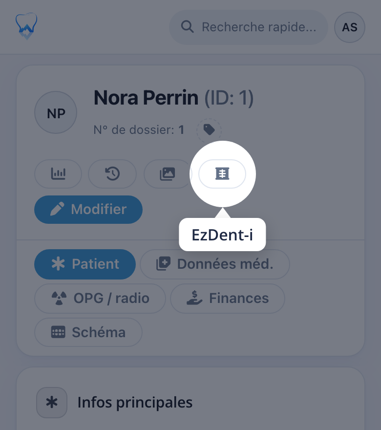 L'en-tête patient dans alpinDent avec le bouton EzDent-i à côté des boutons Galerie et Modifier