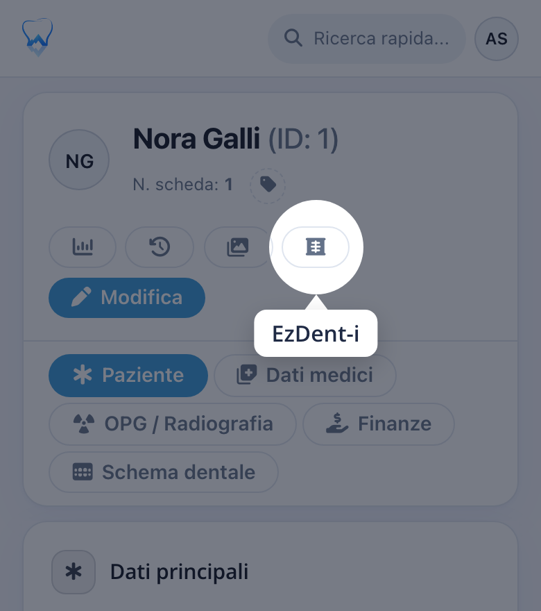 L'intestazione del paziente in alpinDent con il pulsante EzDent-i accanto ai pulsanti galleria e modifica