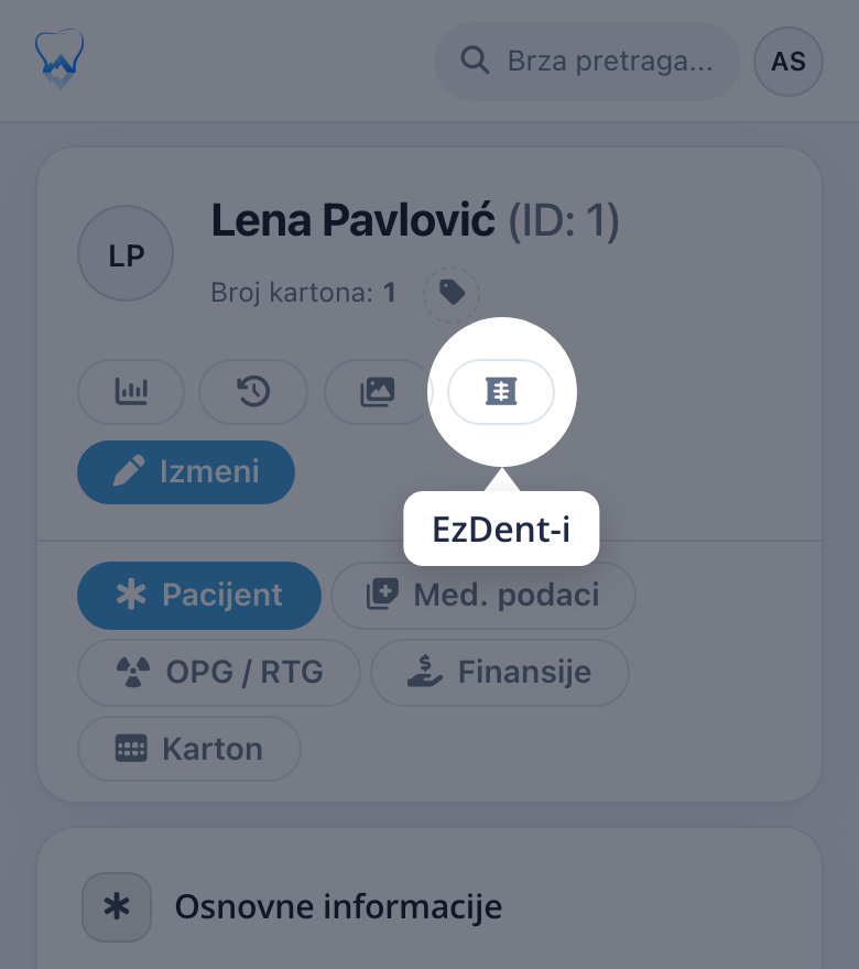 Zaglavlje pacijenta u alpinDent-u sa dugmetom EzDent-i pored dugmadi za galeriju i izmenu